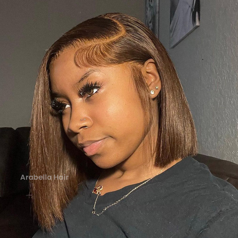 000【BOGO】Chestnut Brown Straight Short Bob 13x4 Lace Front Human Hair Wig