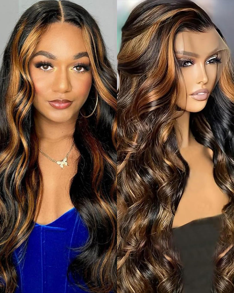 24"=$192 | Arabella 360 Full Lace Glueless Auburn Highlights on Black Hair Body Wave Wig Invisi Drawstring Pull & Go
