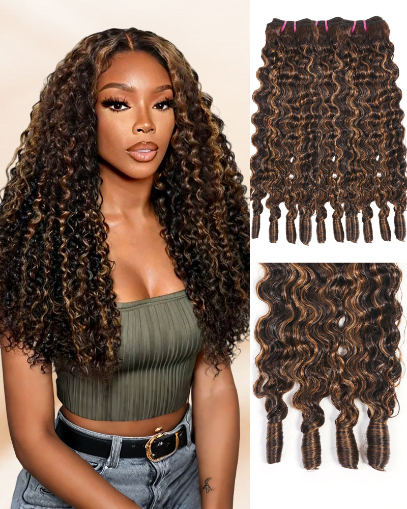 Arabella 12A Jerry Curly with Burmese Curly 3 Bundles Human Hair Weft Honey Blonde Highlight Color Unprocessed Virgin Hair Weave