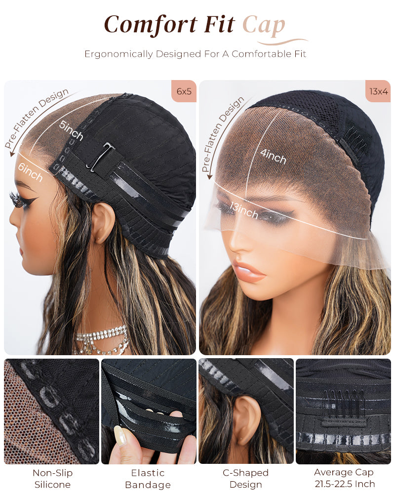 Arabella 13x4 Frontal Lace & 6x5 Invisible Knots Glueless Balayage Highlight Body Wave/Silky Straight Wig Invisible Knots Realistic Hairline