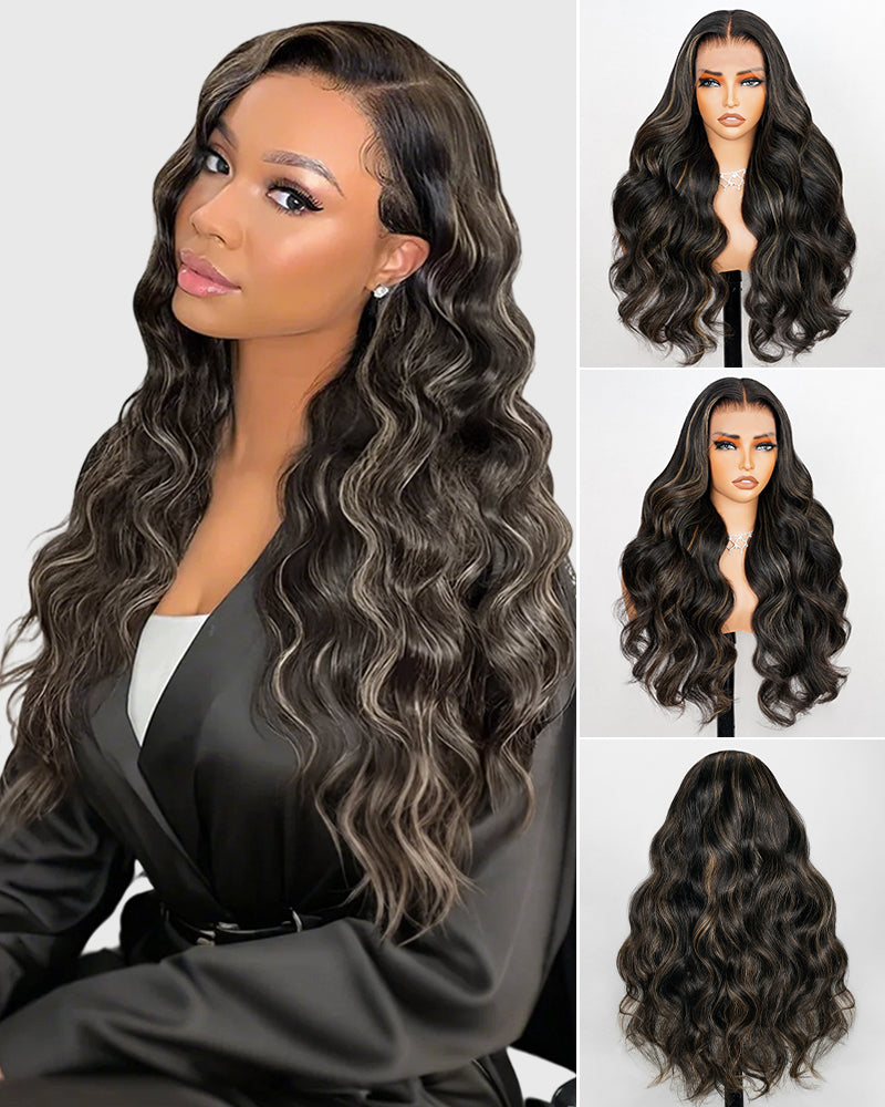 Arabella 6x5 Invisible Knots & 13x4 Frontal Lace Honey Blonde Highlights On Black Body Wave Wig Invisible Knots
