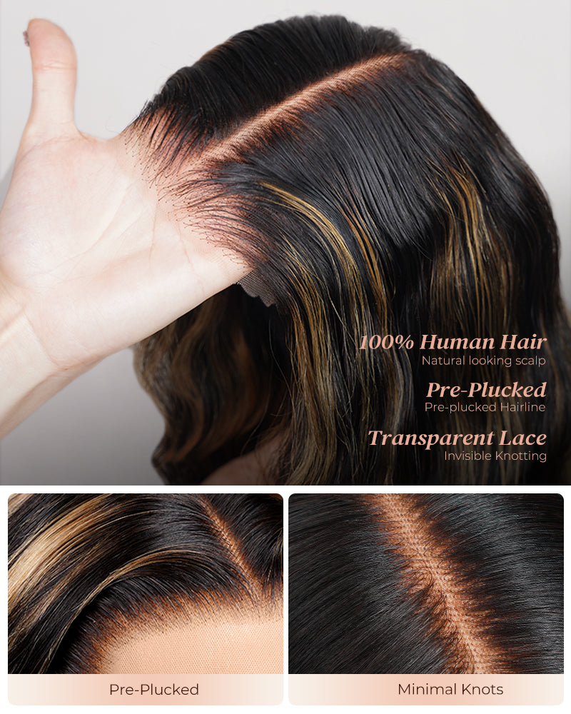 Arabella 6x5 Invisible Knots & 13x4 Frontal Lace Honey Blonde Highlights On Black Body Wave Wig Invisible Knots