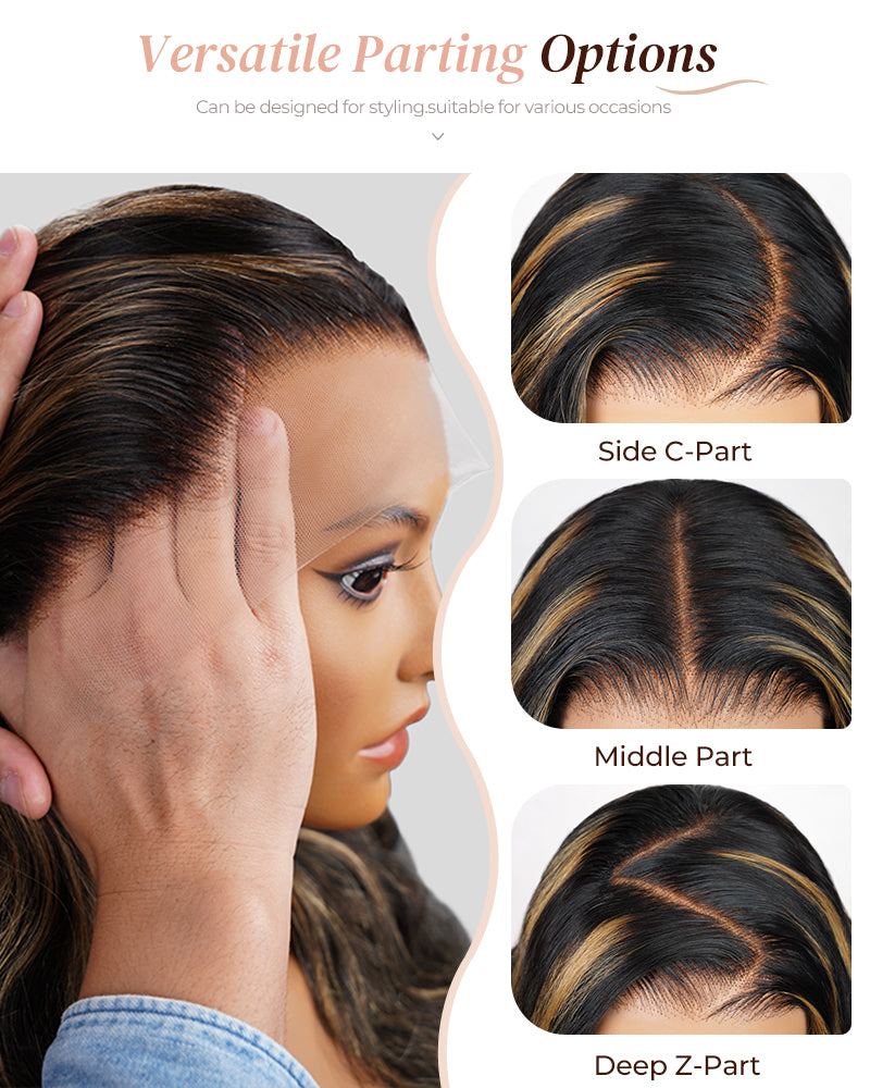 Arabella 6x5 Invisible Knots & 13x4 Frontal Lace Honey Blonde Highlights On Black Body Wave Wig Invisible Knots