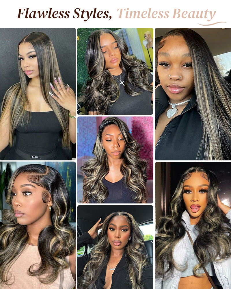 Arabella 6x5 Invisible Knots & 13x4 Frontal Lace Honey Blonde Highlights On Black Body Wave Wig Invisible Knots