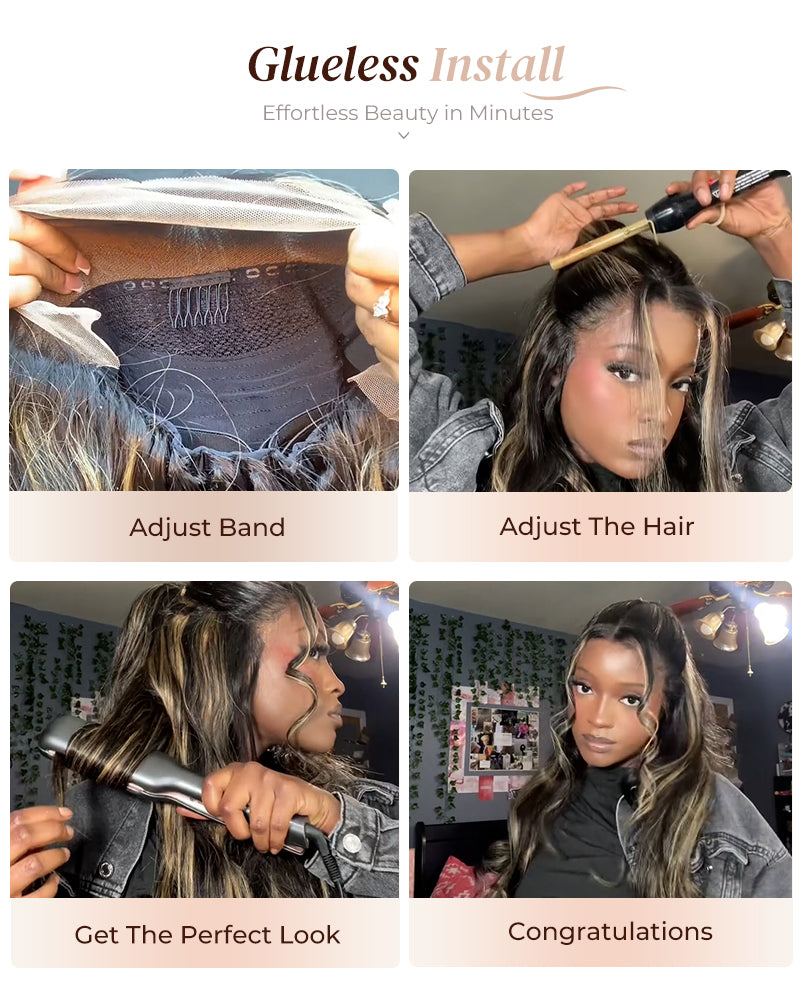 Arabella 6x5 Invisible Knots & 13x4 Frontal Lace Honey Blonde Highlights On Black Body Wave Wig Invisible Knots