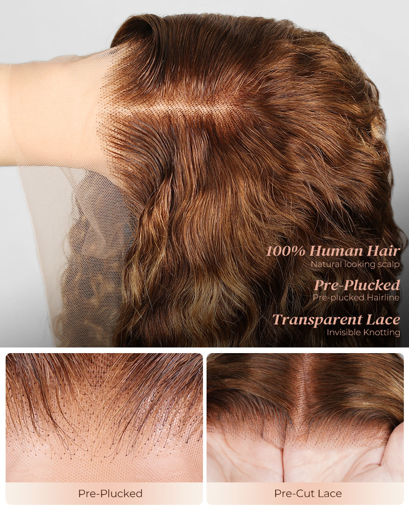 Arabella 13x4 Frontal Lace & 6x5 Invisible Knots Glueless Honey Blonde Highlights On Brown Wig Water Wave Wig Invisible Knots