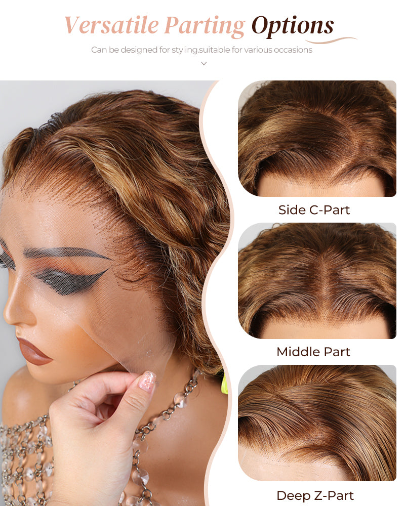Arabella 13x4 Frontal Lace & 6x5 Invisible Knots Glueless Honey Blonde Highlights On Brown Wig Water Wave Wig Invisible Knots