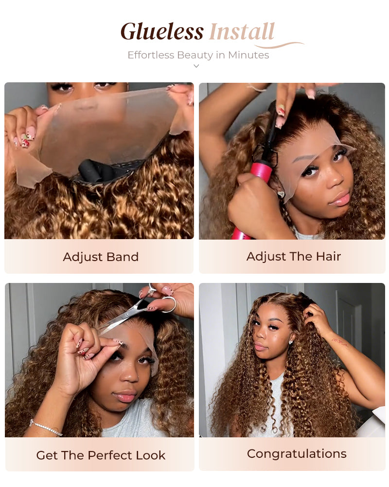 Arabella 13x4 Frontal Lace & 6x5 Invisible Knots Glueless Honey Blonde Highlights On Brown Wig Water Wave Wig Invisible Knots