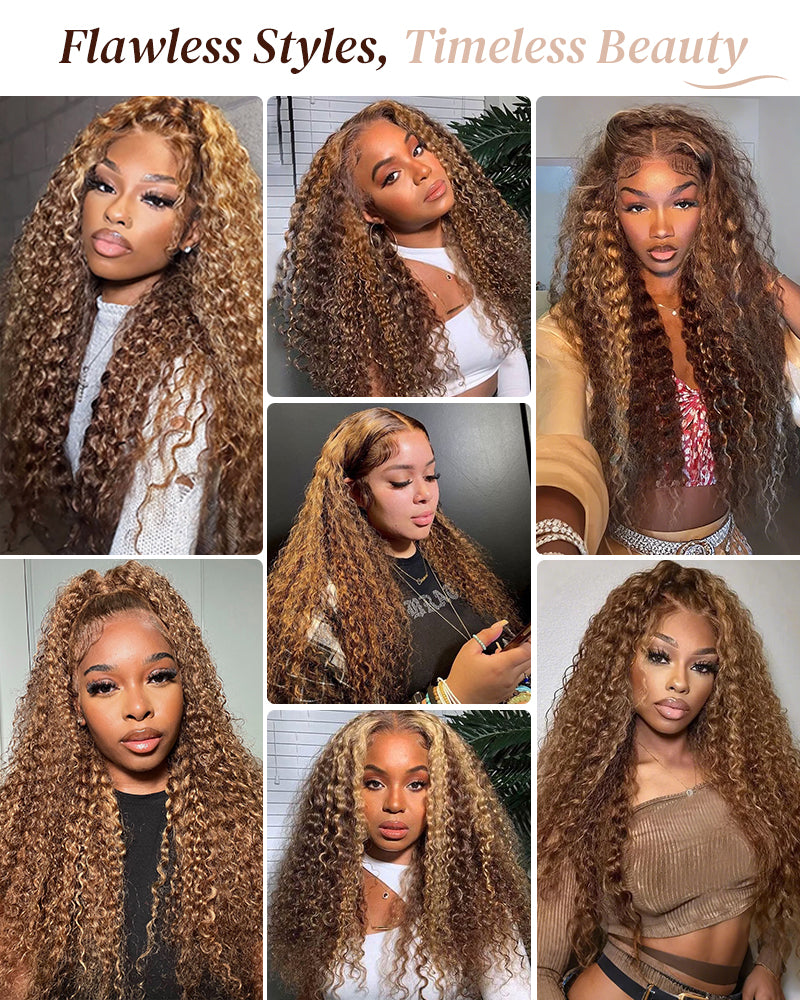 Arabella 13x4 Frontal Lace & 6x5 Invisible Knots Glueless Honey Blonde Highlights On Brown Wig Water Wave Wig Invisible Knots