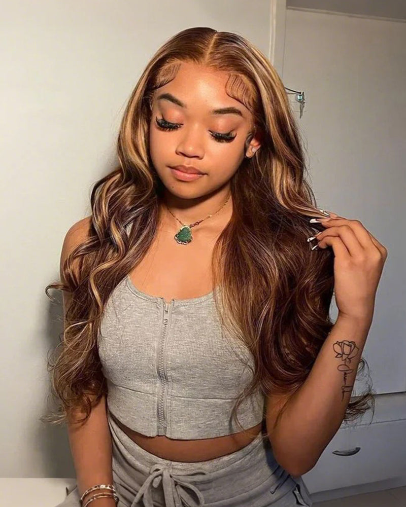 24" = $174 | Arabella 13x4 Frontal Lace Honey Blonde Highlights On Brown Wig Body Wave Wig Invisible Knots Realistic Hairline