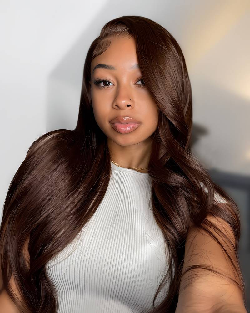 Arabella 13x4 Frontal Lace & 6x5 Invisible Knots Glueless Chocolate Brown Body Wave/Silky Straight Wig Invisible Knots Realistic Hairline