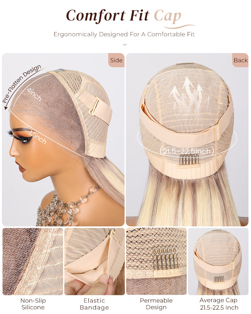 Arabella 6x5 Invisible Knots & 13x4 Frontal Lace Blonde Khaki Highlight Straight Wig Invisible Knots Realistic Hairline