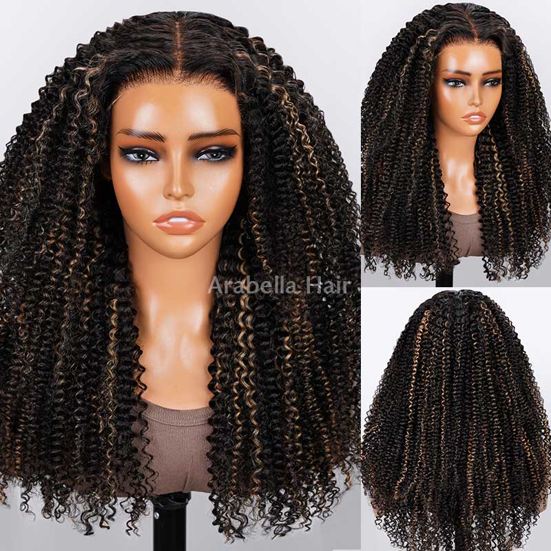 26"=$195 | Arabella 6x5 invisible knots Glueless Honey Blonde Highlights On Black Kinky Curly Wig Pre-cut Lace Beginner Friendly