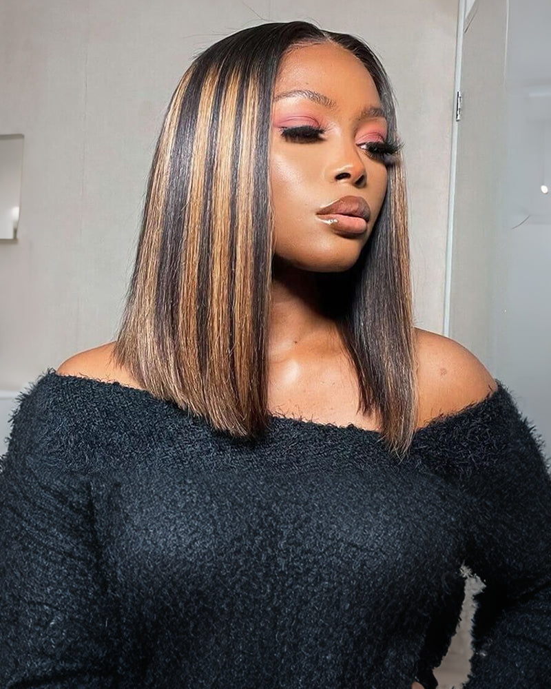 Arabella $69 Final Deal Price 12 Inch 6x5 Glueless Lace Balayage Highights/Natural Black/Auburn Highlights On Black Straight/Deep Curly Bob Wig