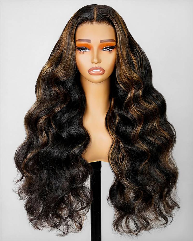 18"=$117 | Arabella 360 Full Lace Glueless Auburn Highlights on Black Hair Body Wave Wig Invisi Drawstring Pull & Go