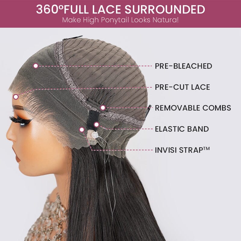 360 Lace Frontal Natural Black Long Straight Wig Free Part Ponytail Style Human Hair Wig -Arabella Hair Wigs Arabella Hair