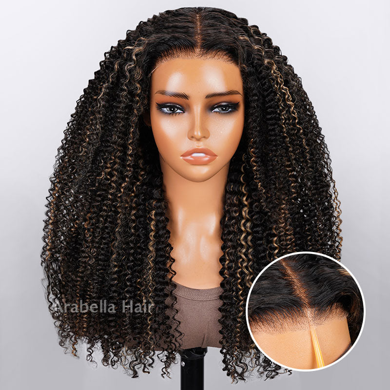 26"=$195 | Arabella 6x5 invisible knots Glueless Honey Blonde Highlights On Black Kinky Curly Wig Pre-cut Lace Beginner Friendly