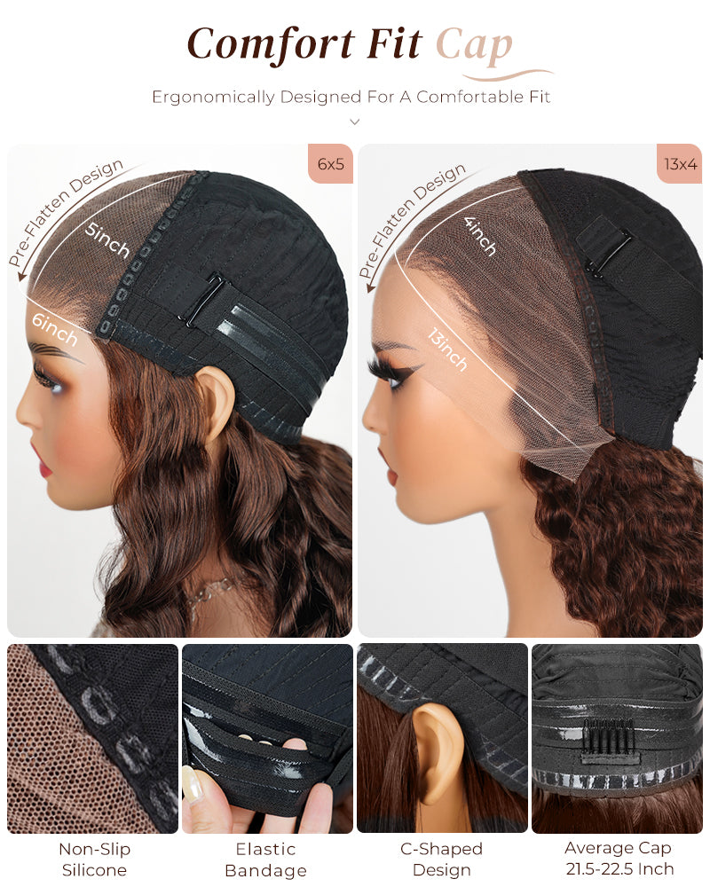 Arabella 13x4 Frontal Lace & 6x5 Invisible Knots Glueless Chocolate Brown Body Wave/Silky Straight Wig Invisible Knots Realistic Hairline