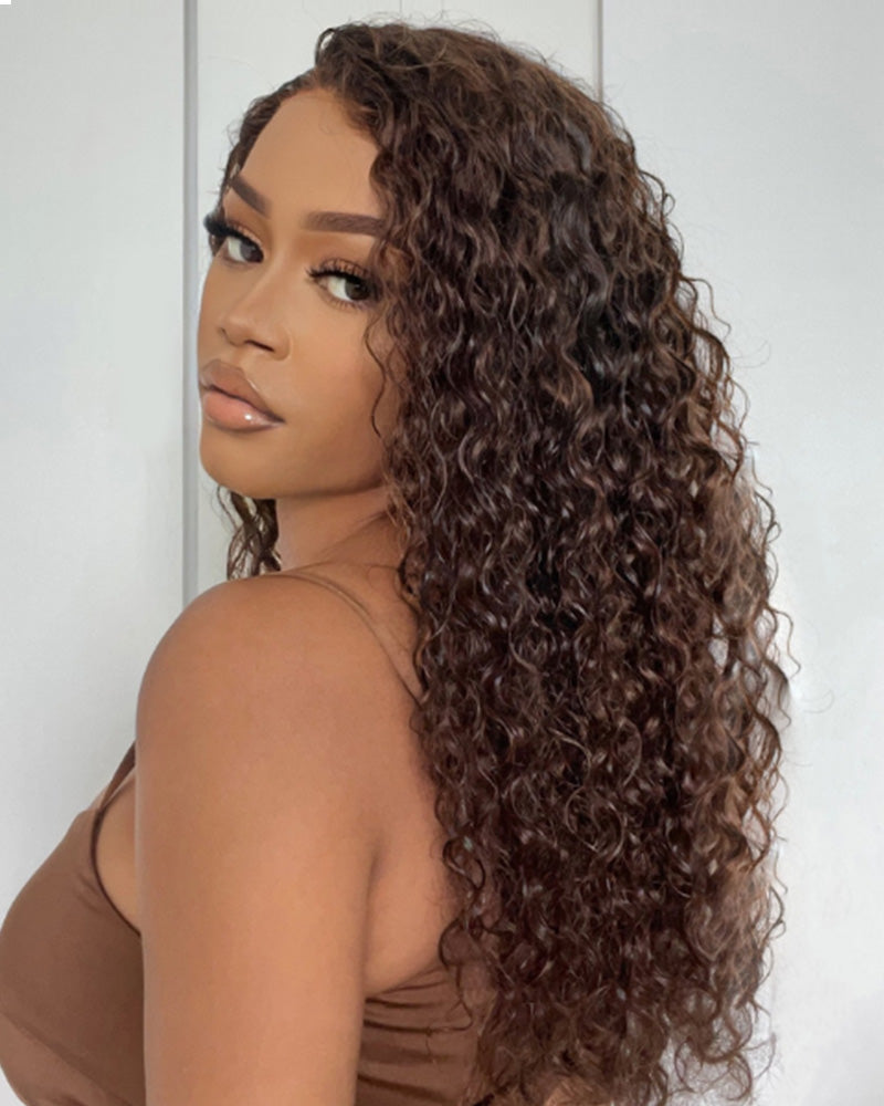 【$299 = 2 WIGS】Arabella 13x4 Frontal Lace & 6x5 Invisible Knots Glueless Chocolate Brown Water Wave Wig Invisible Knots Realistic Hairline