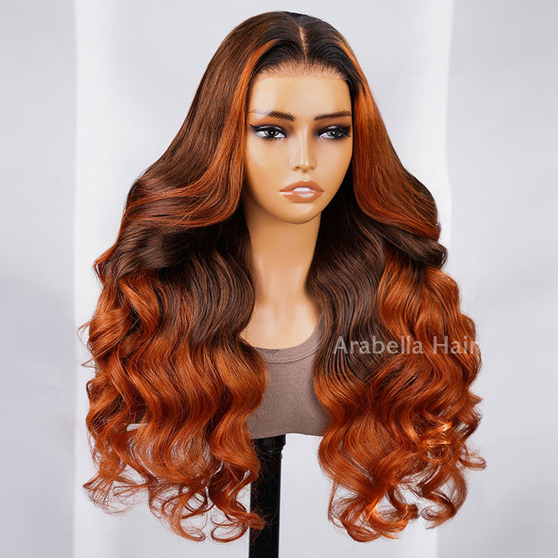 6x5 Pre-Cut Gluless & 13x4 Lace Body Wave Ombre Brown Color With Ginger Color Bleached Knots Middle Part Human Hair Wigs