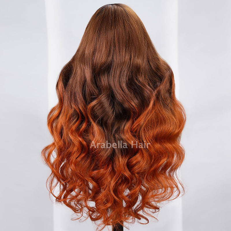 6x5 Pre-Cut Gluless & 13x4 Lace Body Wave Ombre Brown Color With Ginger Color Bleached Knots Middle Part Human Hair Wigs