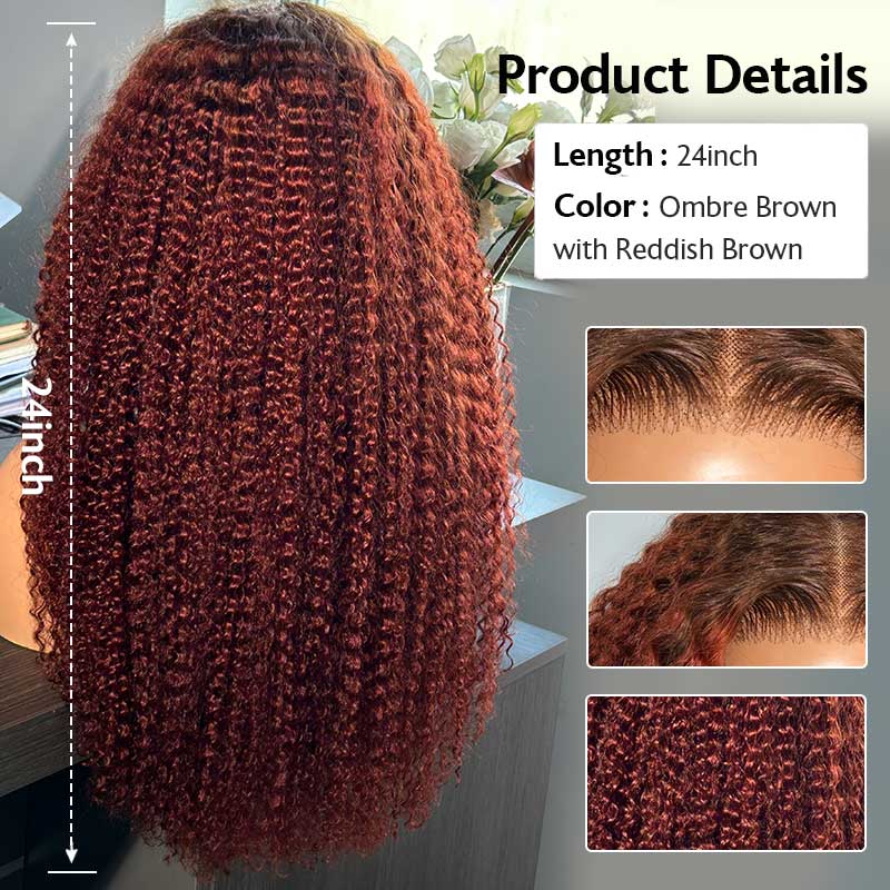 26"= $213 | Arabella 6x5 invisible knots Glueless Reddish Brown Ombre Kinky Curly Wig Pre-cut Lace Beginner Friendly