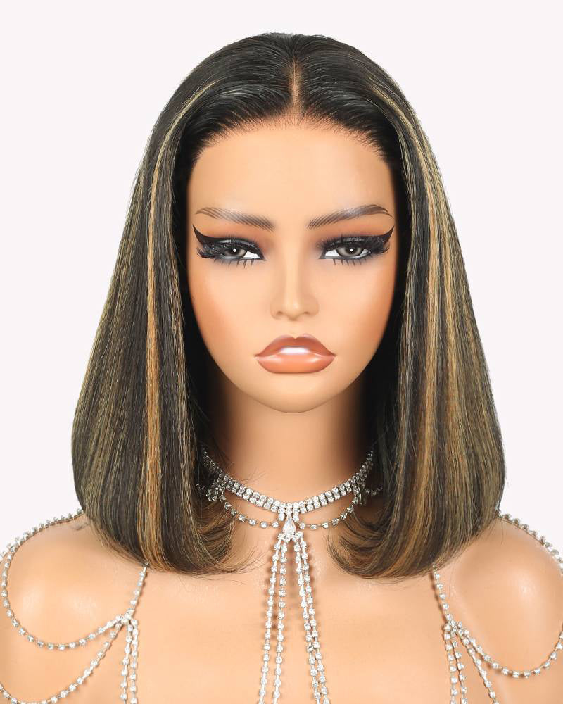 Arabella $89 Final Deal Price 13x4/6x5 Lace Auburn Highlights On Black/Balayage Highights/Blonde Straight Bob Wig