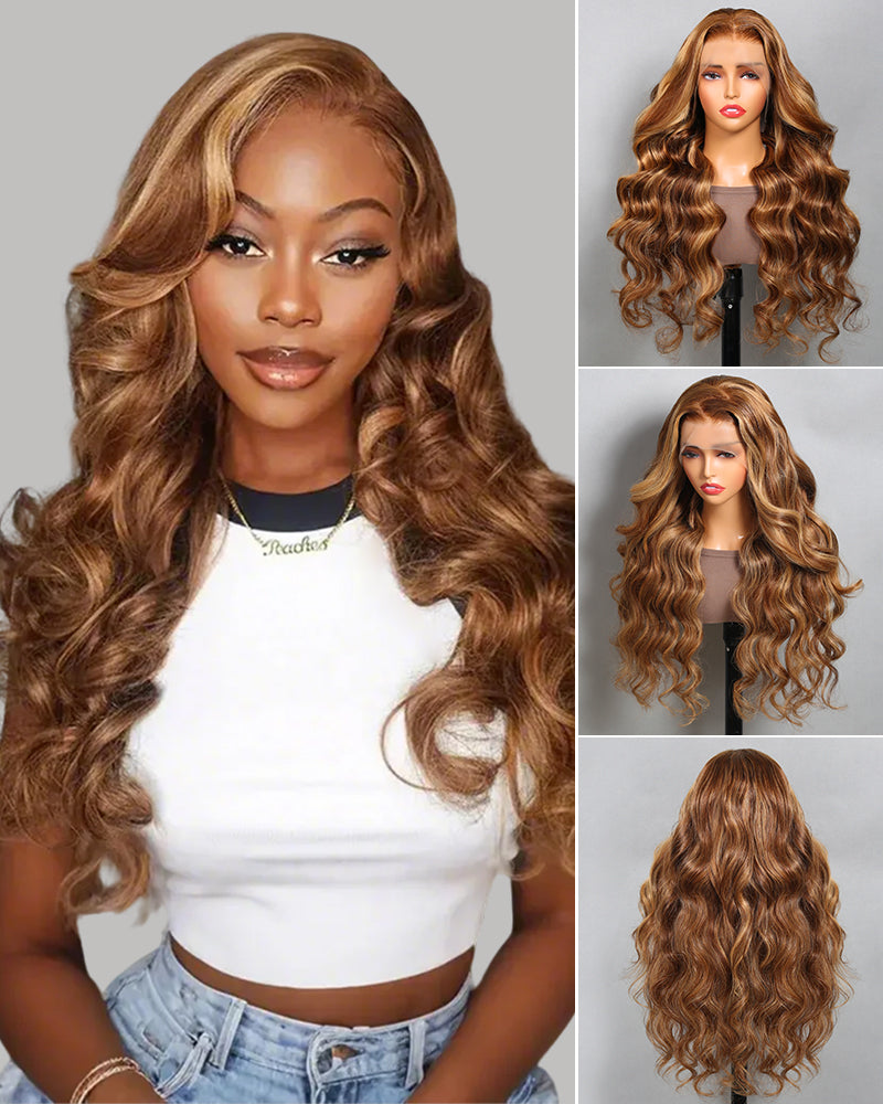 【$299 = 2 WIGS】Arabella 6x5 invisible knots Glueless Honey Blonde Highlights On Brown Wig Body Wave Wig Realistic Hairline