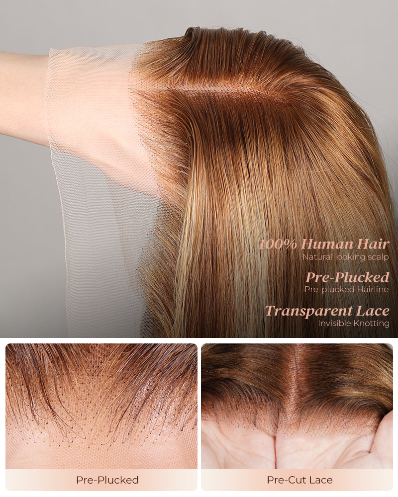 Arabella 6x5 invisible knots Glueless Honey Blonde Highlights On Brown Wig Body Wave Wig Realistic Hairline