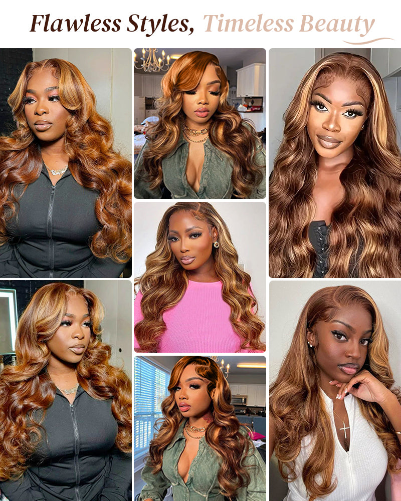 Arabella 6x5 invisible knots Glueless Honey Blonde Highlights On Brown Wig Body Wave Wig Realistic Hairline