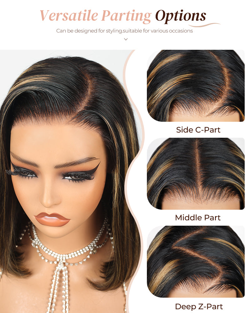 Arabella 6x5 Invisible Knots & 13x4 Frontal Lace Balayage Highlight Straight Bob Colored Wig Pre-cut Lace Beginner Friendly