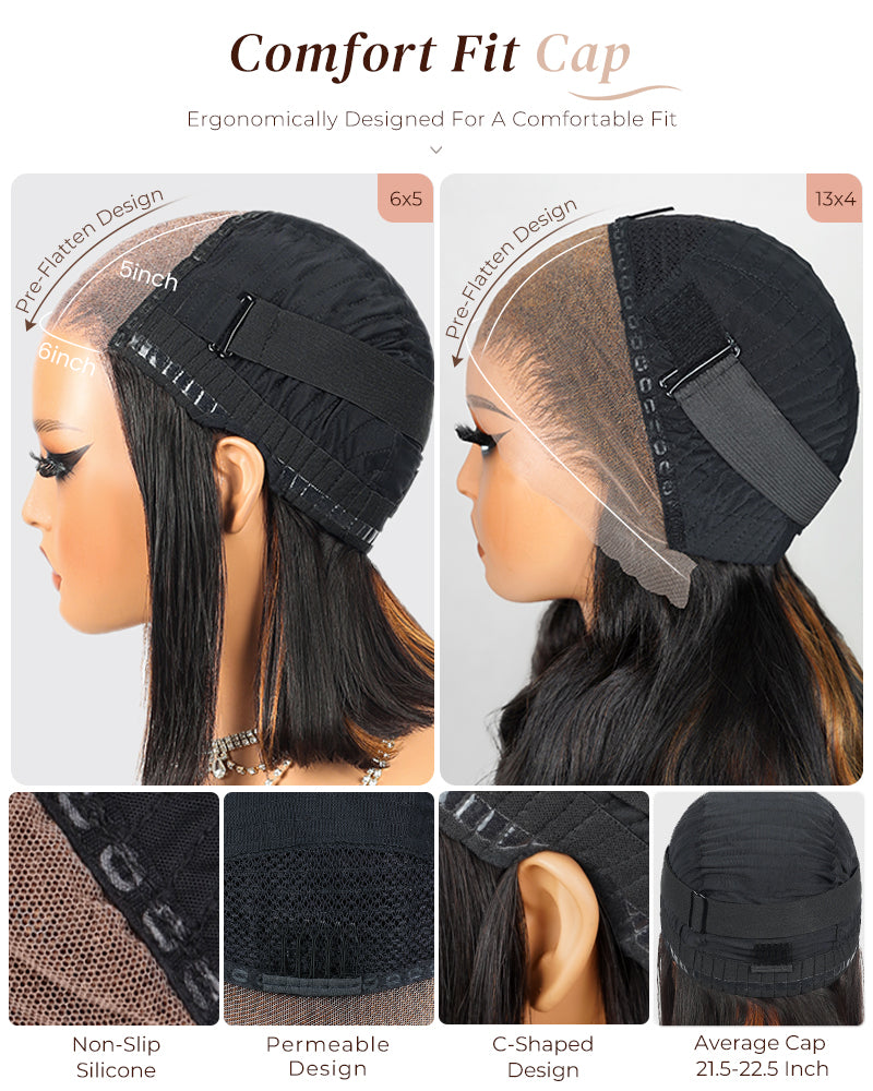 【$299 = 2 WIGS】Arabella 6x5 invisible knots Glueless Auburn Highlights on Black Hair Straight Wig Invisible Knots Realistic Hairline