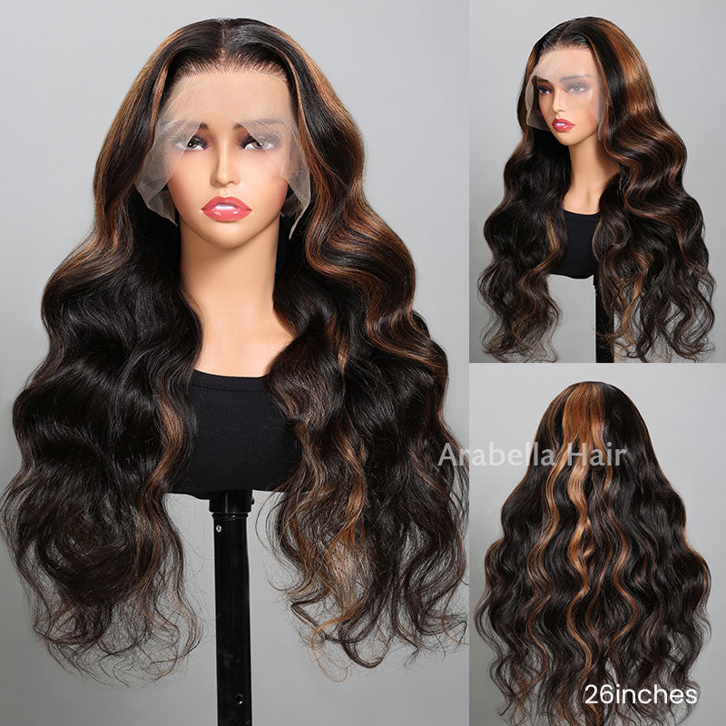 Three Views of Mannequin Wearing Brown Highlight Wavy Wig