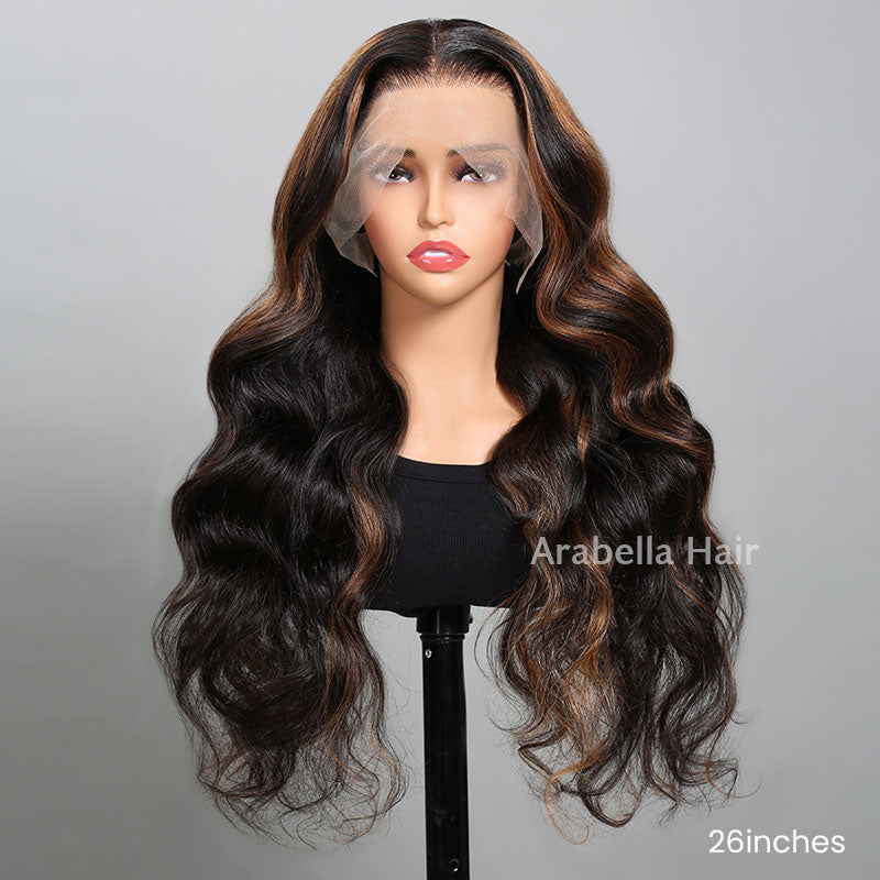 Front View of Mannequin Wearing Brown Highlight Wavy Wig