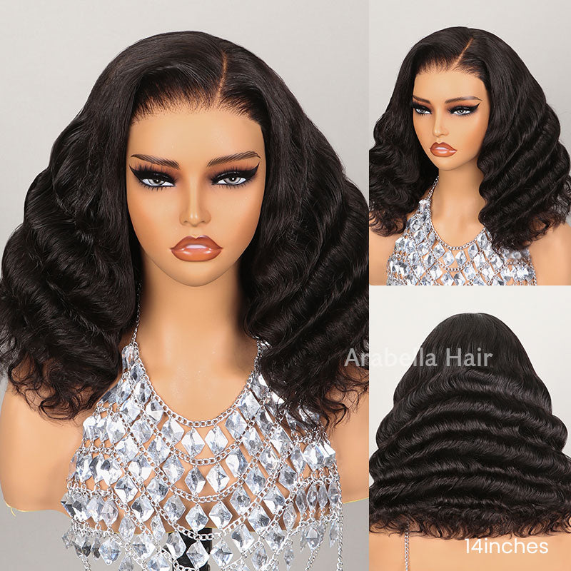 Arabella 6x5/13x4 Lace Glueless Loose Deep Wave Bob Wig Pre-cut Lace Natural Black Beginner Friendly