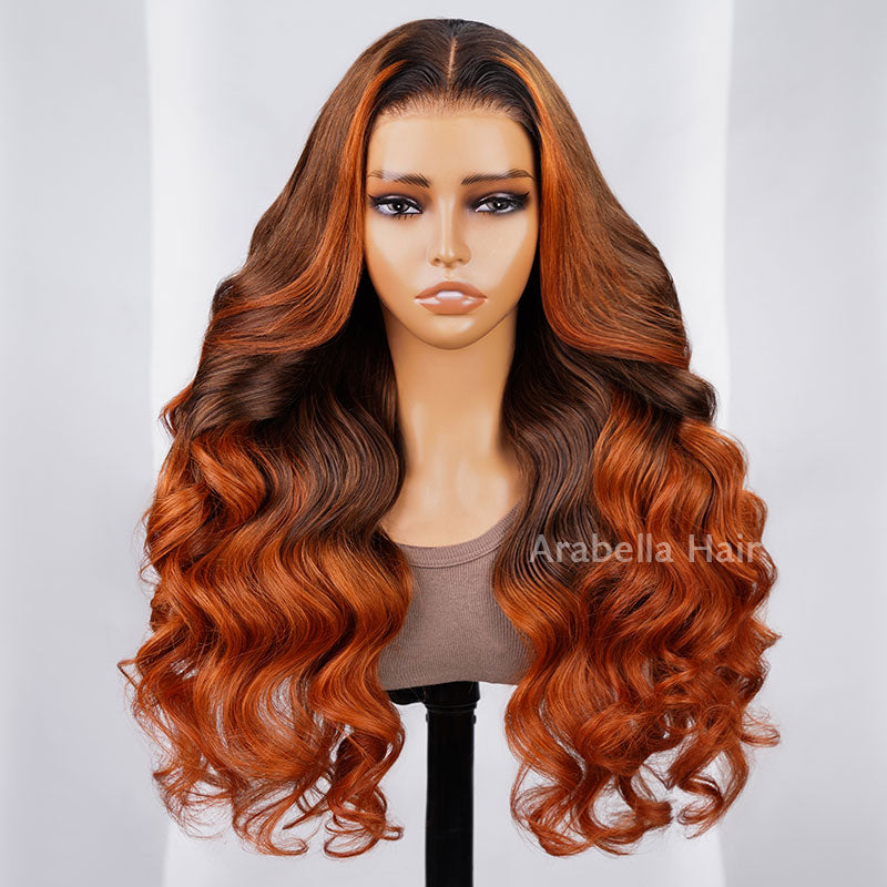 6x5 Pre-Cut Gluless & 13x4 Lace Body Wave Ombre Brown Color With Ginger Color Bleached Knots Middle Part Human Hair Wigs