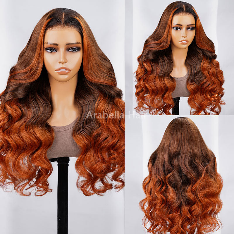 6x5 Pre-Cut Gluless & 13x4 Lace Body Wave Ombre Brown Color With Ginger Color Bleached Knots Middle Part Human Hair Wigs