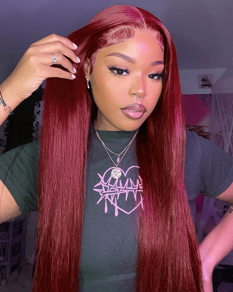 【$299 = 2 WIGS】Arabella 6x5/13x4 Lace Glueless Burgundy 99J Straight Wig Pre-cut Lace Beginner Friendly