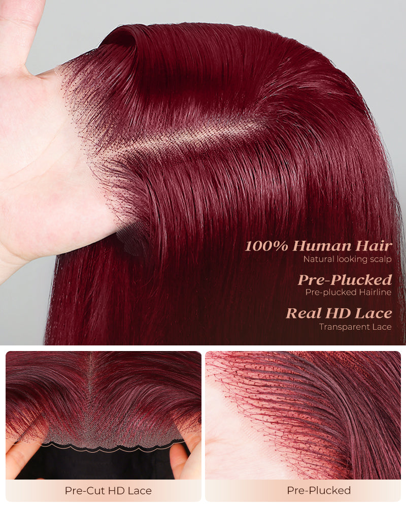 Arabella 6x5/13x4 Lace Glueless Burgundy 99J Straight Wig Pre-cut Lace Beginner Friendly