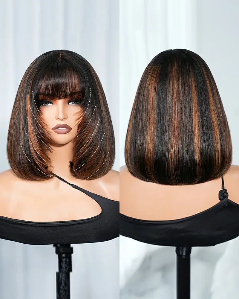 Arabella 6x6 Lace Auburn Highlights On Black Hair Straight Bob Wig with Bangs 100% Human Hair Wig