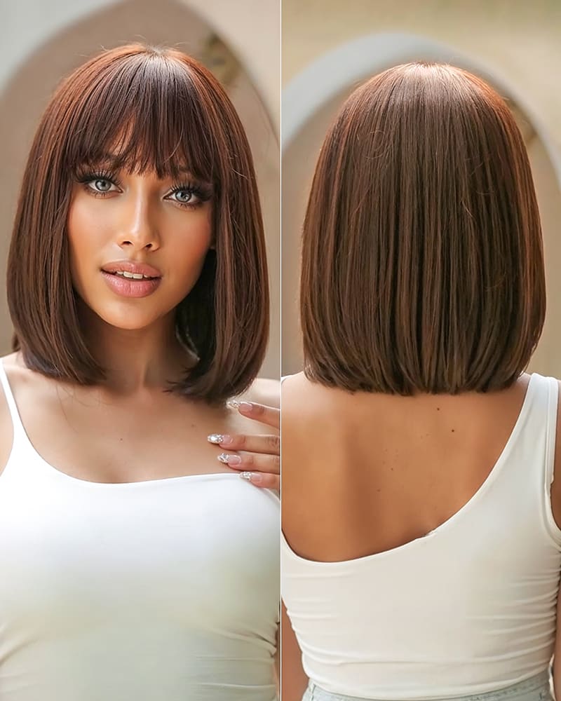 Arabella 6x6 Lace Straight Bob Wig With Bangs Chocolate Brown Glueless Beginner Friendly