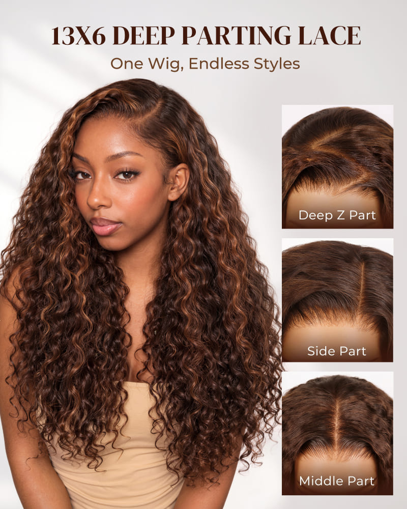 Arabella Zerowear™ 13x6 Invisible HD Lace Glueless Wig Water Wave With Drawstring Dark Brown Highlights 100% Human Hair Wig