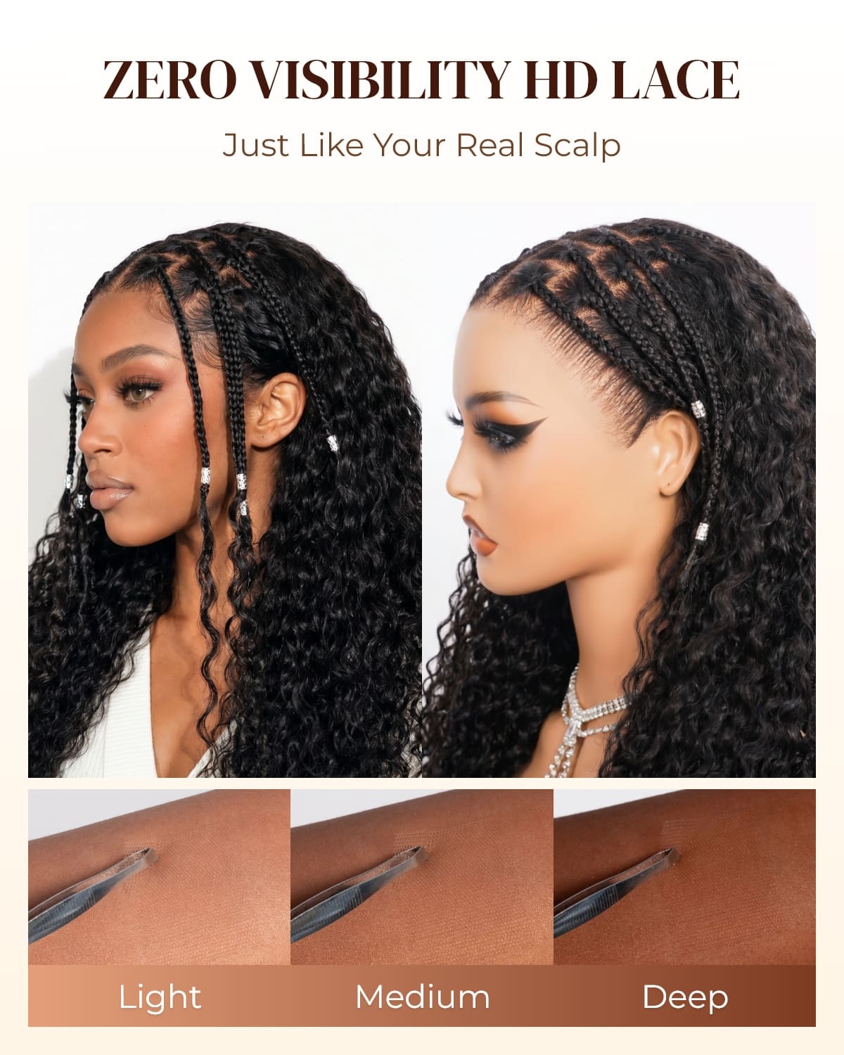 Arabella Zerowear™ Invisible HD Lace 250% High Density Knotless Box Braids 13x6 Lace Frontal Boho Deep Curly Wig Glueless Wig With Drawstring Natural Black 100% Human Hair Wig
