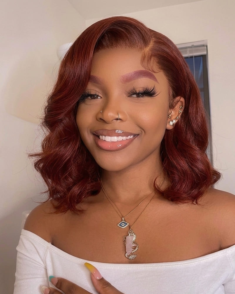 Arabella 13x6 Three-Go™ 280% High Density Body Wave Bob Invisible Knots Reddish Brown Glueless Beginner Friendly