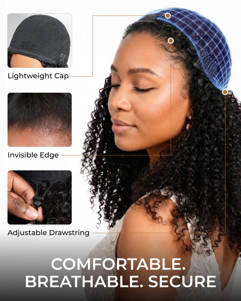 Arabella 3 In 1 Half Wig Afro Kinky Curly Wig Invisible Drawstring Natural Black Endless Styles No Glue No Lace Install