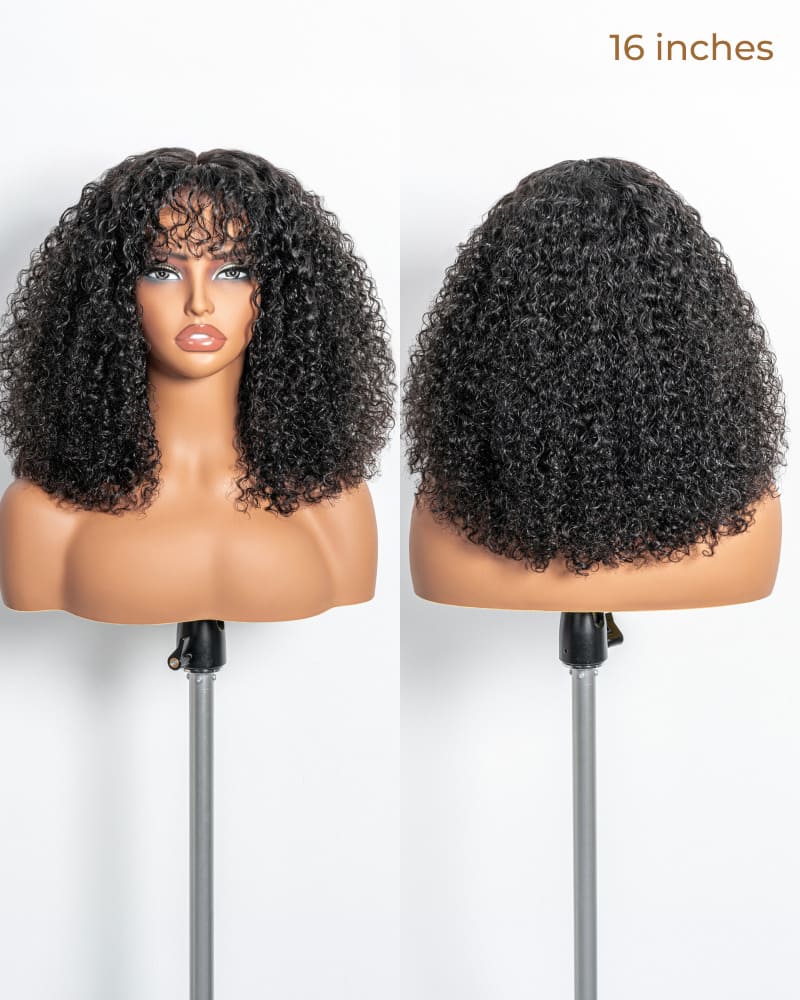 Arabella 6x6 Lace T Part Deep Curly Bob Wig with Bangs Natural Black Glueless Wig Invisible Knots