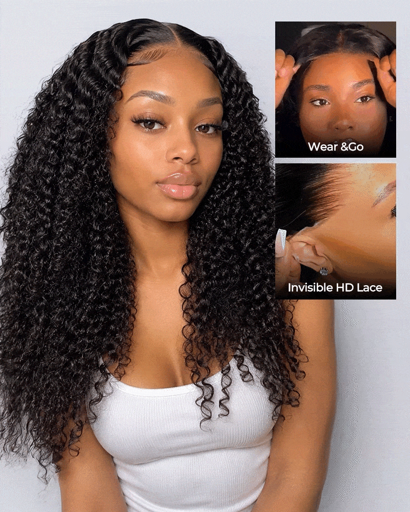 Arabella Zerowear™ 13x6 Invisible HD Lace Glueless Wig Jerry Curly with Burmese Curly With Drawstring Natural Black 100% Human Hair Wig
