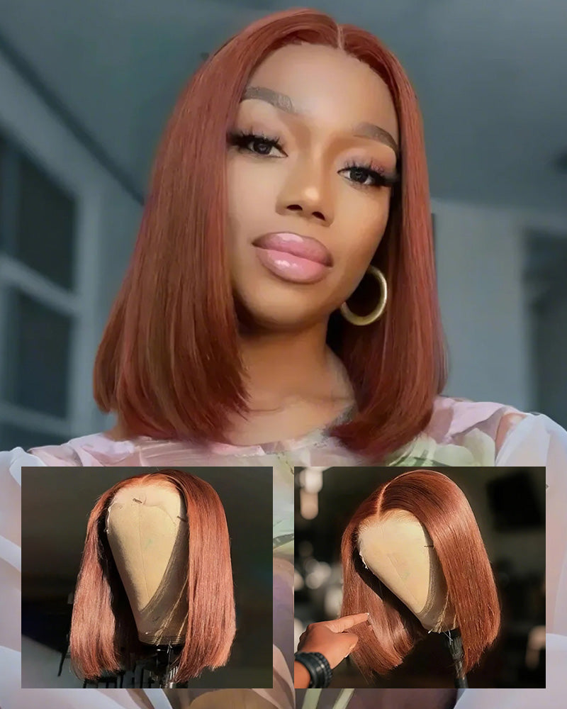 12" = $78 | Arabella 6x5 Invisible Knots & 13x4 Frontal Lace Reddish Brown Straight Bob Wig Pre-cut Lace Beginner Friendly