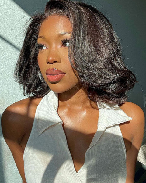 【Bogo Sale】Spring Curly Natural Black Layered Short Bob 6x5 Pre-Cut Lace Human Hair Wig