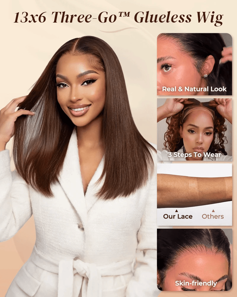 Arabella 13x6 Three-Go™ 250% Density Chocolate Brown Glueless Wig Straight Bob Wig With Drawstring